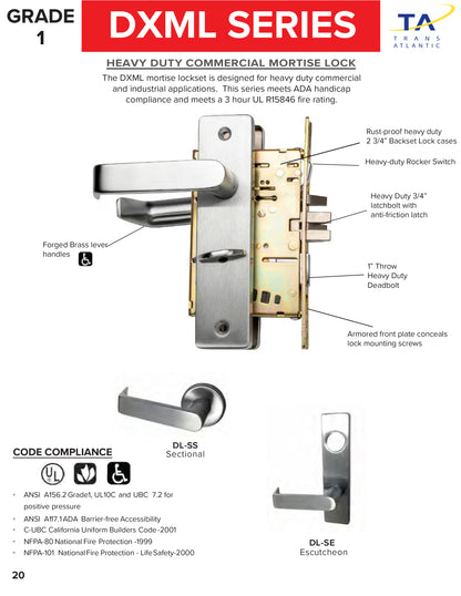 DXML Series Brushed Chrome Grade 1 Classroom Mortise Lock Door Handle with Sectional Lever -  Pro-Edge HD
