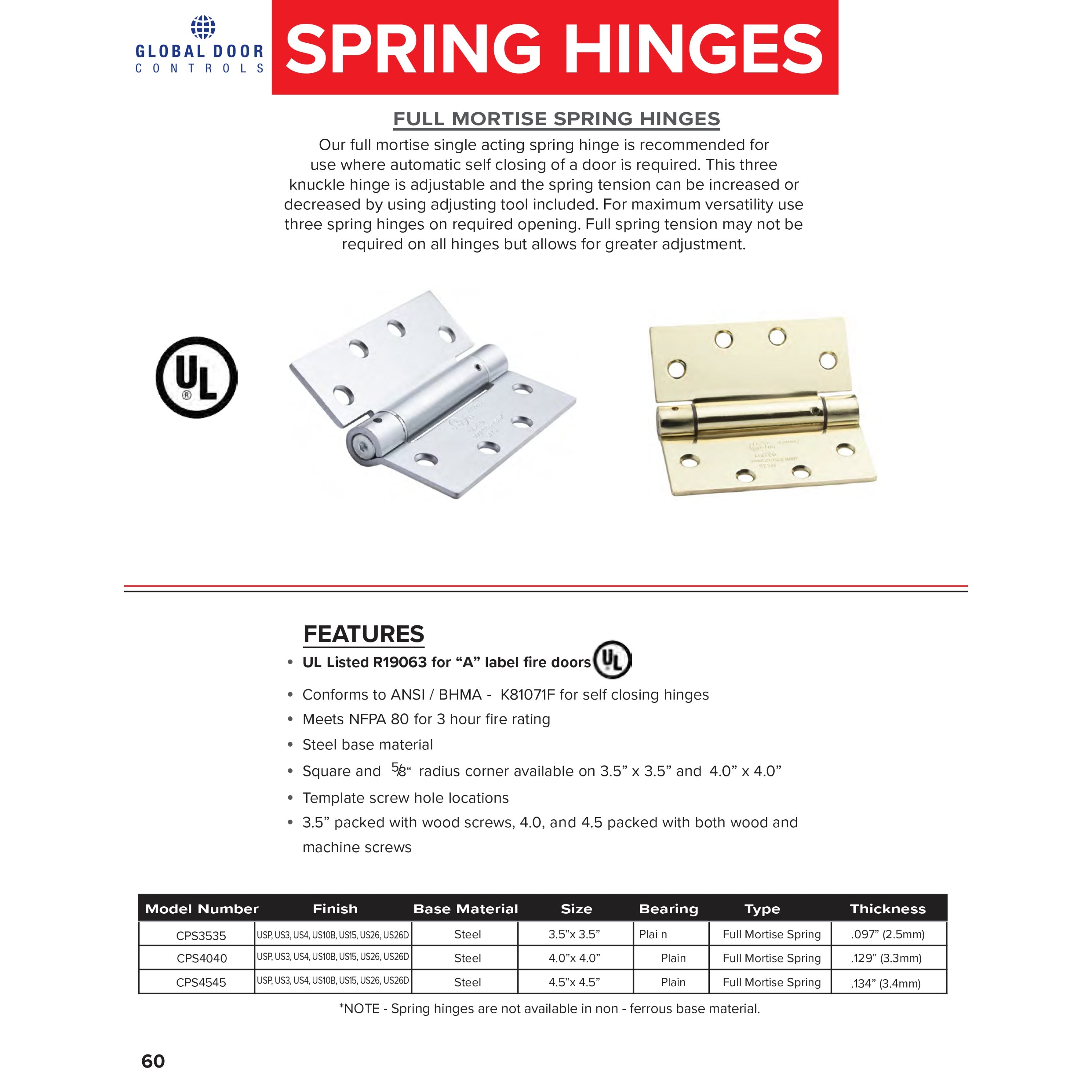 3.5 in x 3.5 in Satin Nickel Full Mortise Spring With Non-Removable Pin Squared Hinge - Set of 3 -  Pro-Edge HD