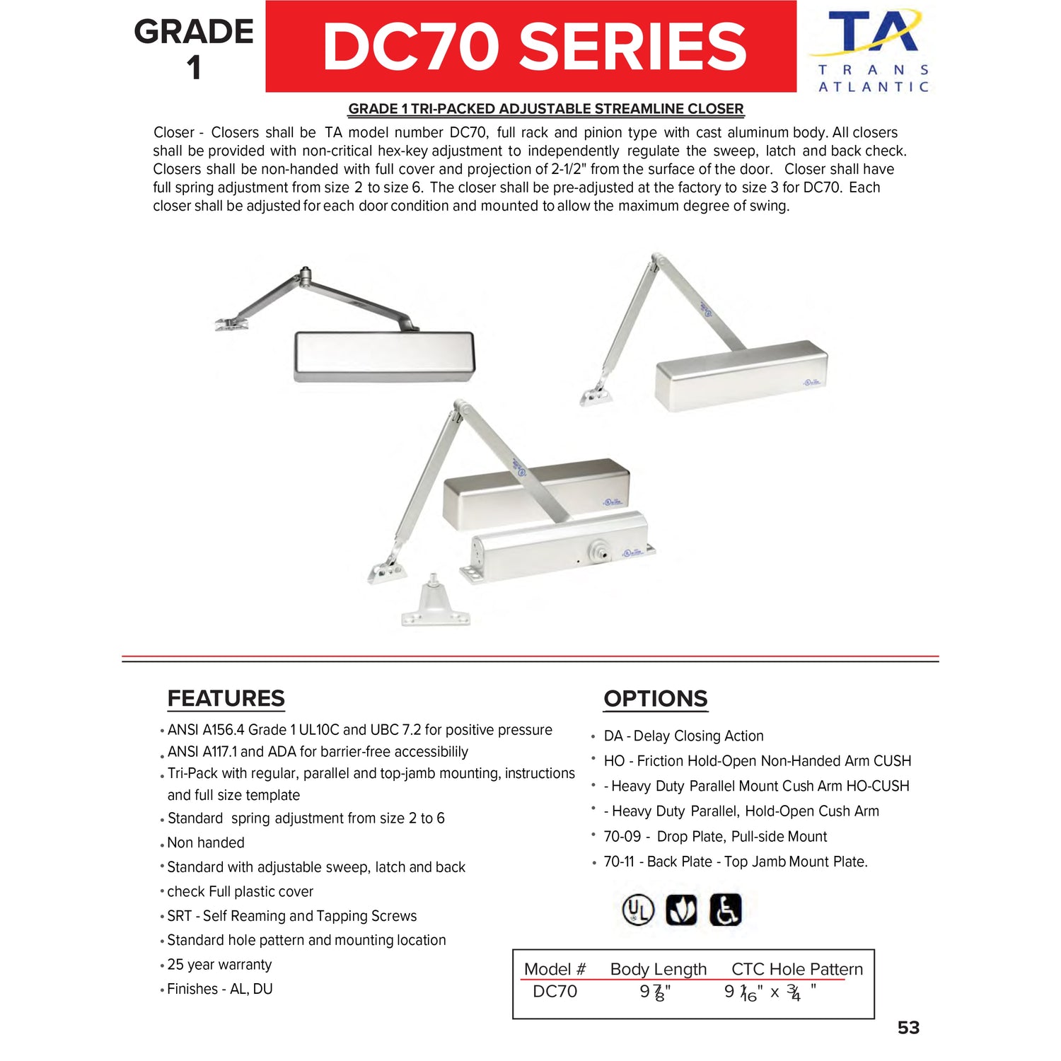 Commercial Full Cover Grade 1 Door Closer with Adjustable Spring Tension - Sizes 2-6 -  Pro-Edge HD
