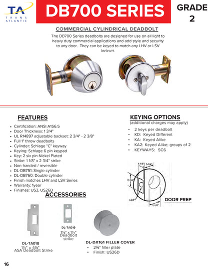 700 Series Grade 2 Brushed Chrome Single Cylinder Deadbolt with IC Less Core