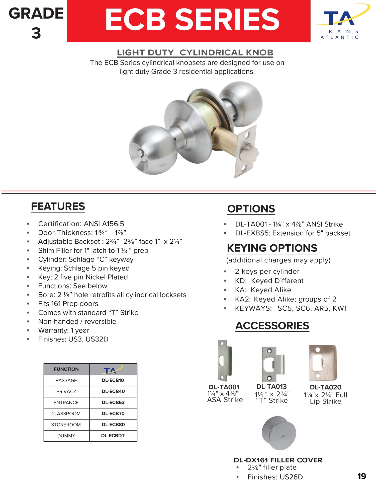 Grade 3 Light Duty Residential Cylindrical Keyed Entry Door Knob with Lock
