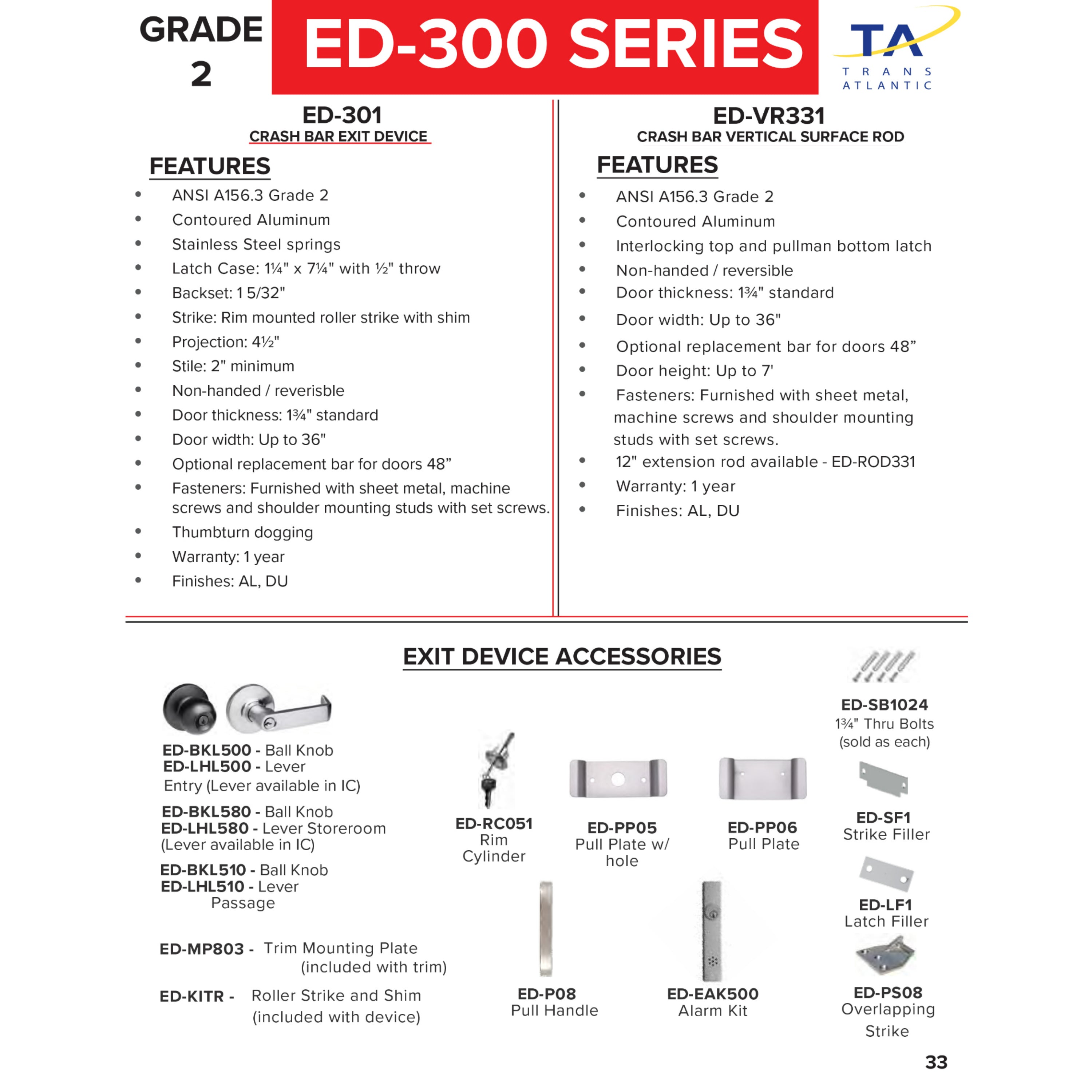 300 Series Grade 2 Commercial 36&quot; Rim Crash Bar Exit Device by Trans-Atlantic (Taco) -  Pro-Edge HD