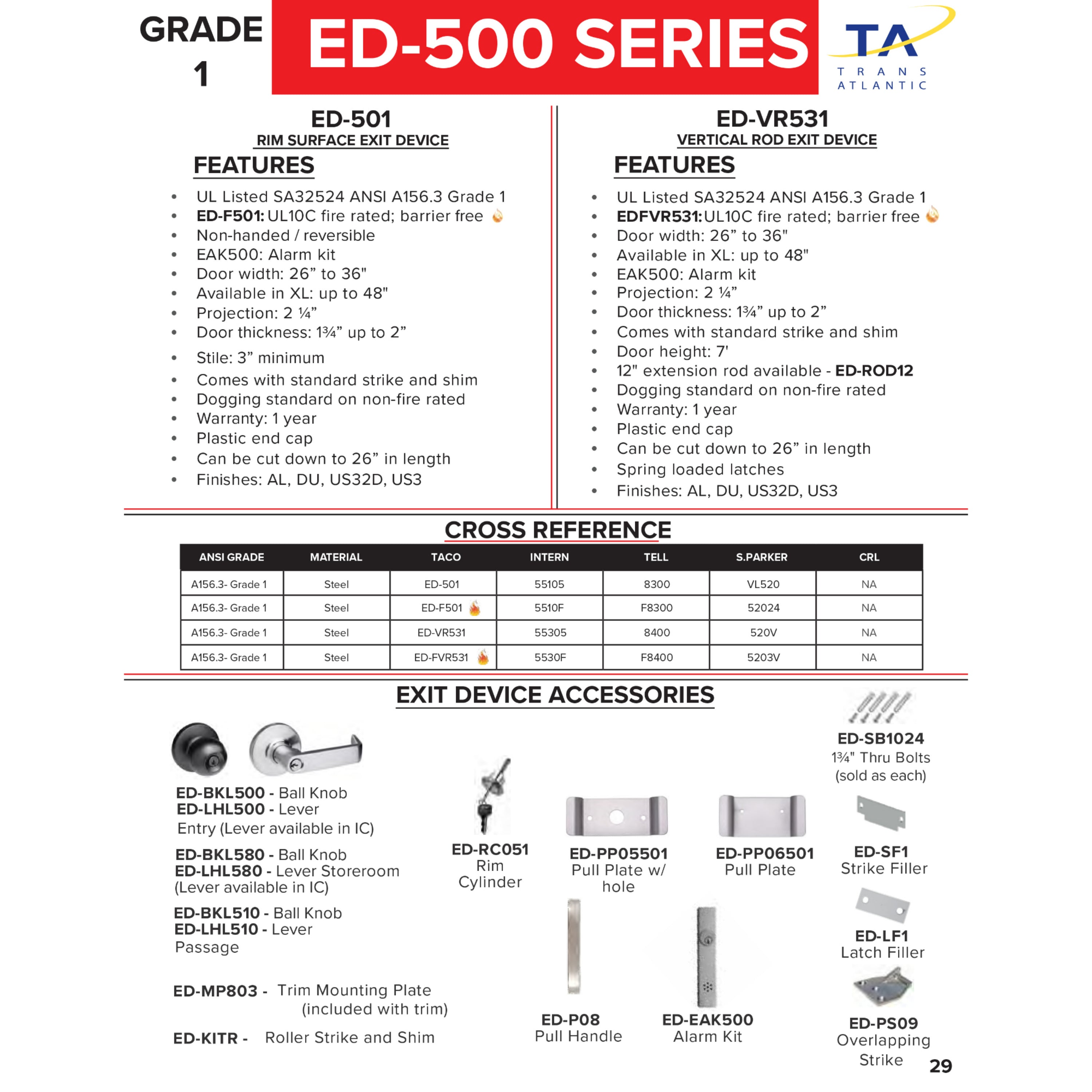 500 Series Grade 1 Commercial 36 in Fire Rated Rim Panic Exit Device -  Pro-Edge HD