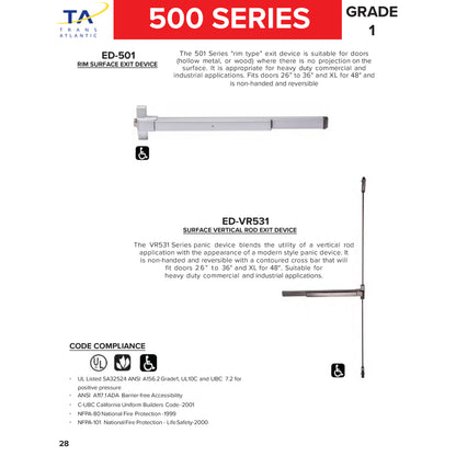 VR531 Series 36&quot; Surface Vertical Rod Panic Exit Device - Grade 1 -  Pro-Edge HD