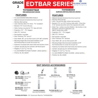 EDTBAR Series 36&quot; Grade 2 Commercial Fire Rated Rim Touch Bar Exit Device -  Pro-Edge HD