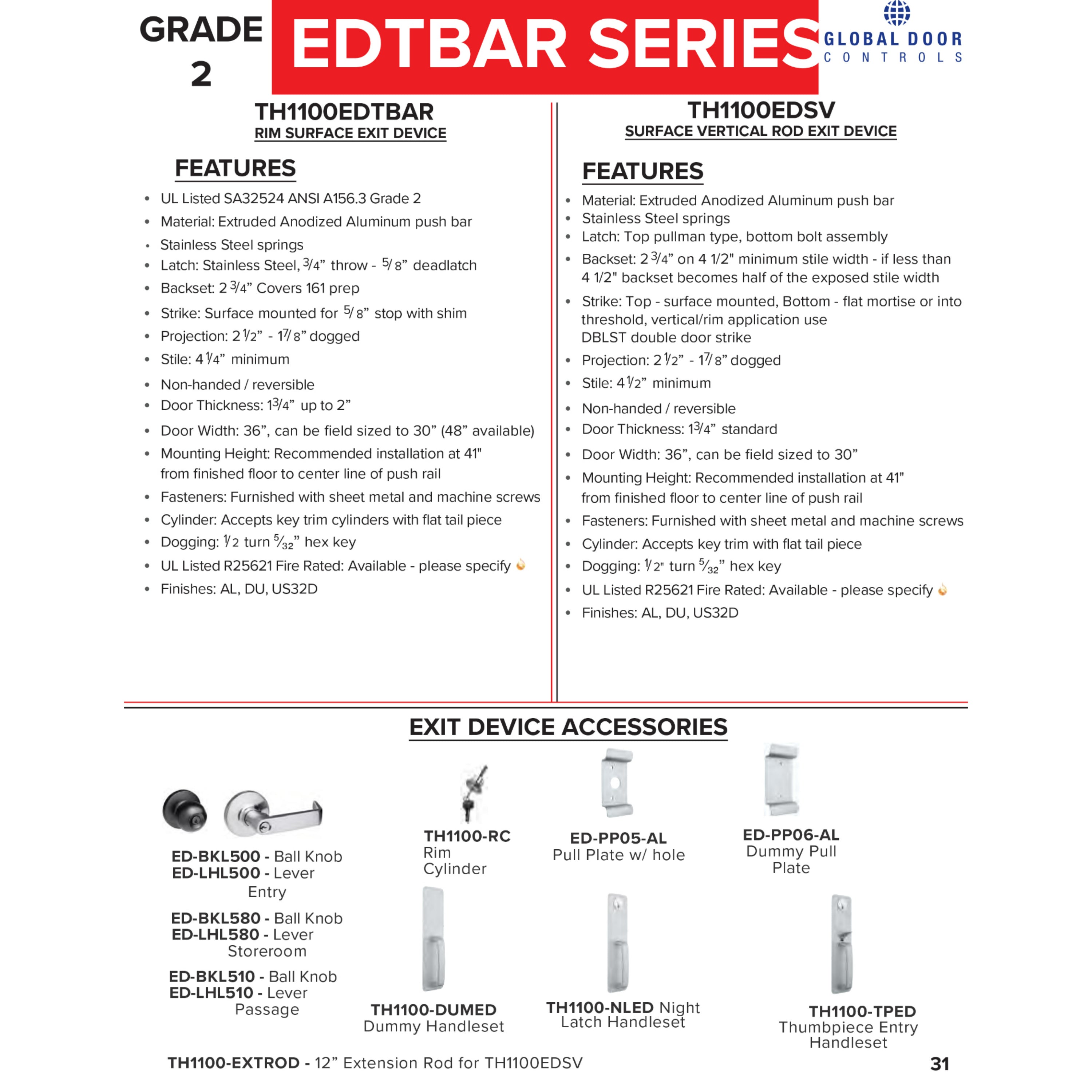 EDTBAR Series Grade 2 Commercial 36 in Fire Rated Rim Touch Bar Exit Device -  Pro-Edge HD