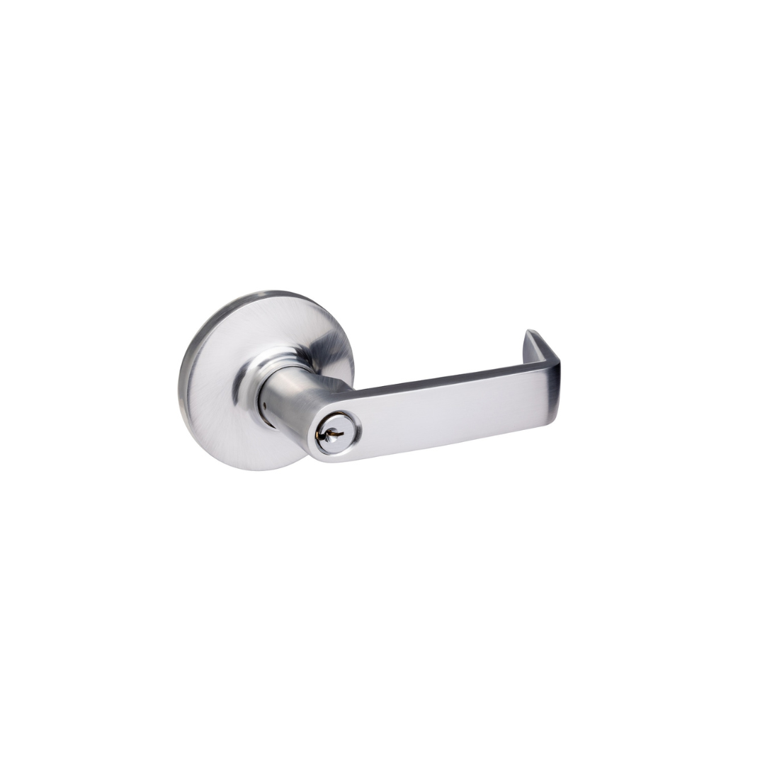Brushed Chrome Commercial Storeroom Lever Trim with Lock for Panic Exit Device -  Pro-Edge HD